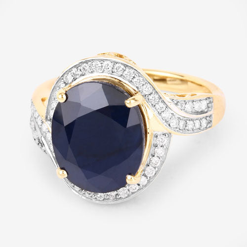Bague en or jaune 14 carats, saphir bleu véritable de 6,52 carats et diamants blancs