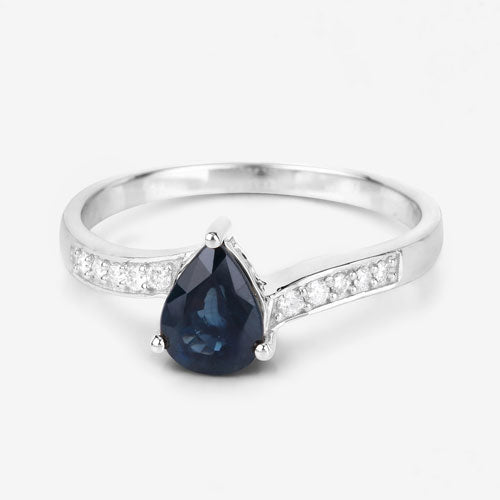 Bague en or blanc 14 carats avec saphir bleu véritable de 0,89 carat et diamants blancs