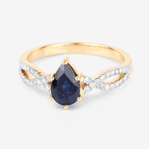 Bague en or jaune 14 carats, saphir bleu véritable de 1,14 carat et diamants blancs