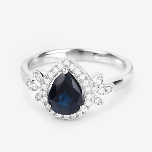 Bague en or blanc 14 carats avec saphir bleu véritable de 1,54 carat et diamants blancs