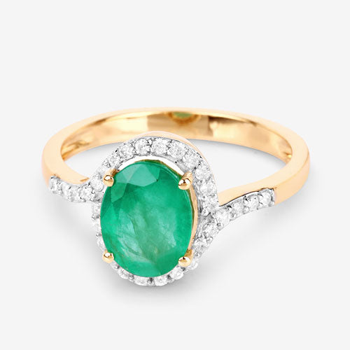 Bague en Or Jaune 14 Carats, Émeraude de Zambie Véritable (1,92 Carats) et Diamants Blancs