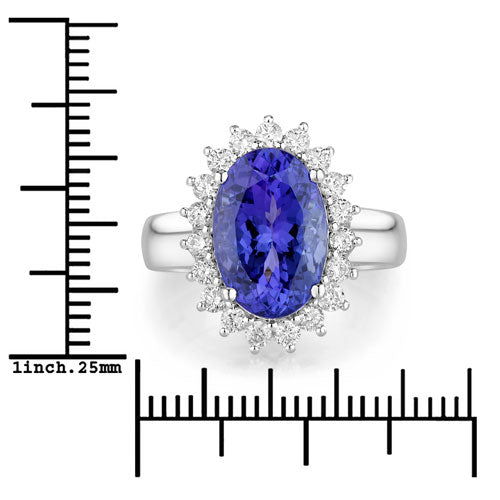 5.92 Carat Genuine Tanzanite and White Diamond 14K White Gold Ring