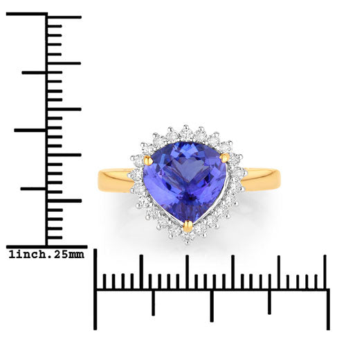 Bague en or jaune 14 carats, tanzanite véritable de 2,68 carats et diamants blancs