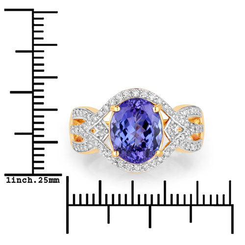 Bague en or jaune 14 carats, tanzanite véritable et diamants blancs, 3,56 carats