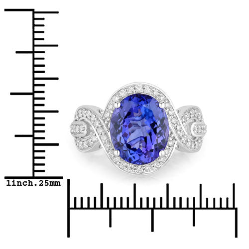 Bague en or blanc 14 carats avec tanzanite véritable de 4,54 carats et diamants blancs
