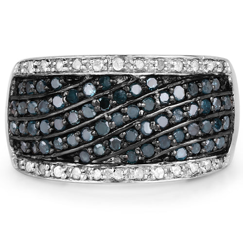 Bague en Argent Sterling .925 avec Diamants Véritables Bleus et Blancs de 0,80 Carat