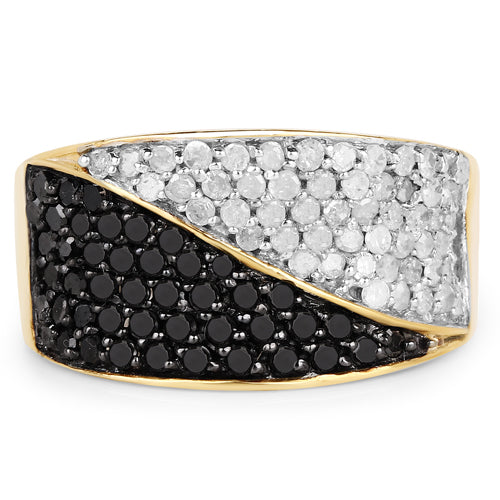 Bague en argent sterling .925 plaqué or jaune 14 carats avec diamants noirs véritables de 1,20 carat et diamants blancs
