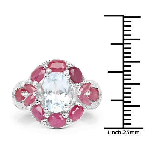 3.54 Carat Genuine Aquamarine, Ruby and White Topaz .925 Sterling Silver Ring