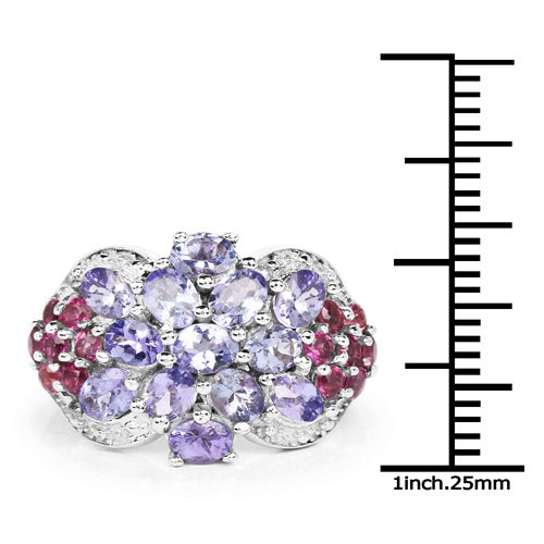 Bague en argent sterling 925 avec tanzanite véritable de 2,91 carats et rhodolite