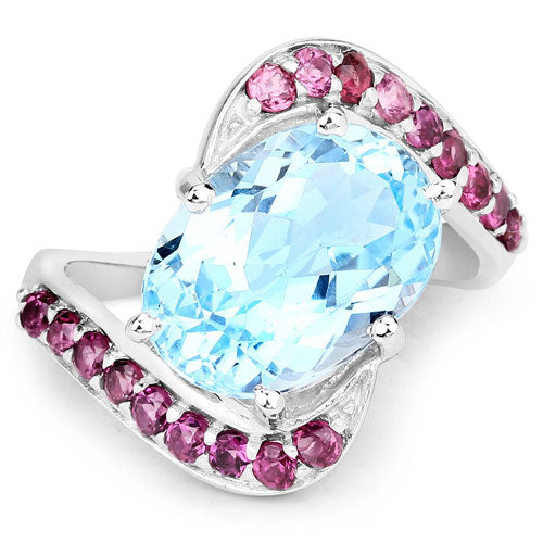 Bague en argent sterling 925 avec topaze bleue et rhodolite véritable de 8,40 carats