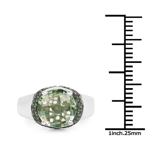 Bague en argent sterling 925 avec améthyste verte véritable de 3,95 carats et diamants verts