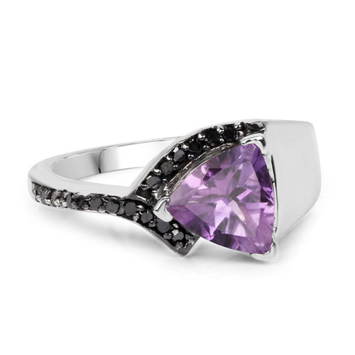 Bague en argent sterling 925 avec améthyste véritable de 1,55 carat et diamants noirs
