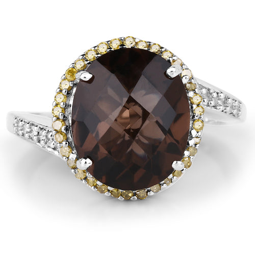 4.85 Carat Genuine Smoky Quartz, Yellow Diamond & White Diamond .925 Sterling Silver Ring
