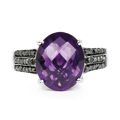 Bague en argent sterling .925 avec améthyste véritable et diamant noir de 3,96 carats