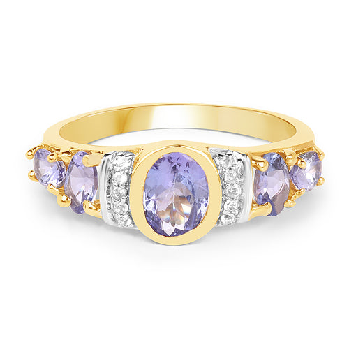 Bague en argent sterling 925 plaqué or jaune 14 carats avec tanzanite véritable de 1,64 carat et topaze blanche