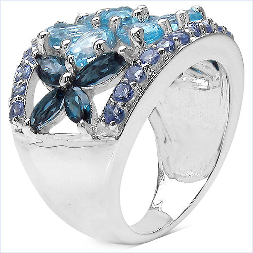 6.06 Carat Genuine Blue Topaz, London Blue Topaz & Tanzanite .925 Sterling Silver Ring