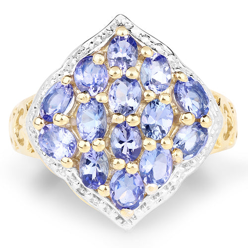 Bague en argent sterling 925 plaqué or jaune 14 carats avec tanzanite véritable de 2,38 carats