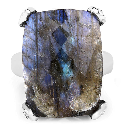 Bague en argent sterling 925 avec labradorite véritable et topaze blanche, 17,17 carats