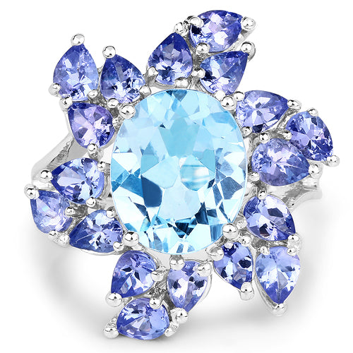 Bague en argent sterling 925 avec topaze bleue véritable de 6,52 carats et tanzanite