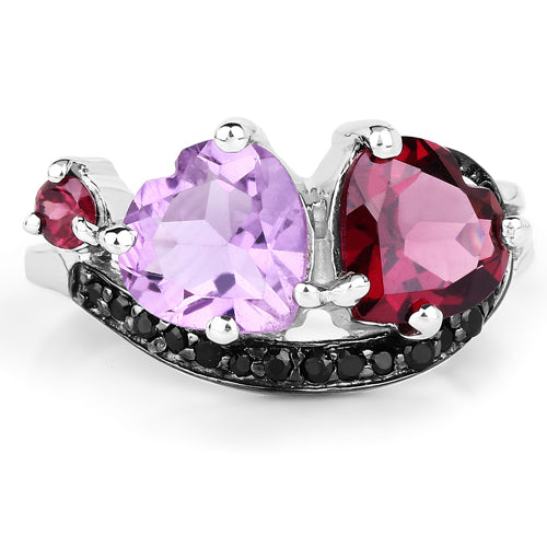 Bague en argent sterling 925 avec améthyste véritable, rhodolite et spinelle noire de 4,07 carats