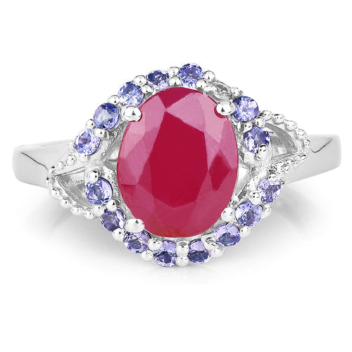 Bague en argent sterling .925 avec rubis (verre rempli) de 4,03 carats et tanzanite