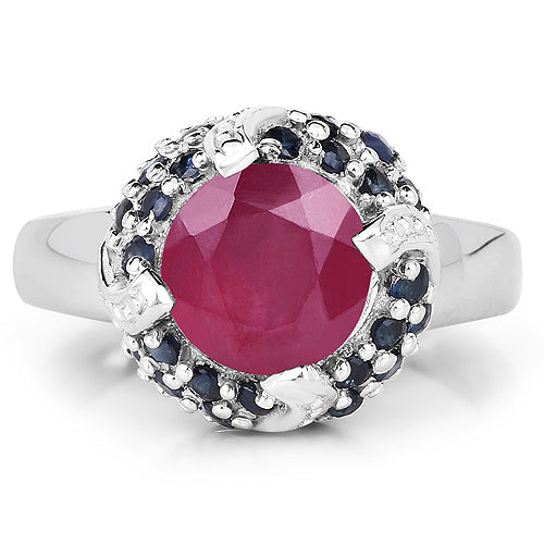Bague en argent sterling .925 avec rubis (rempli de verre) et saphir bleu de 3,70 carats