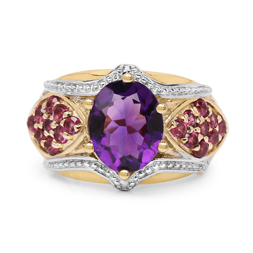 Bague en argent sterling 925 plaqué or jaune 14 carats avec améthyste véritable de 3,01 carats et rhodolite