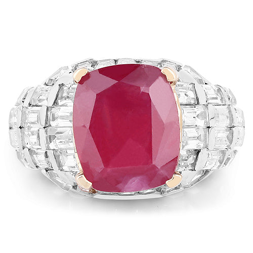 Bague en argent sterling 925 plaqué or jaune 14 carats, rubis (rempli de verre) de 10,76 carats et topaze blanche