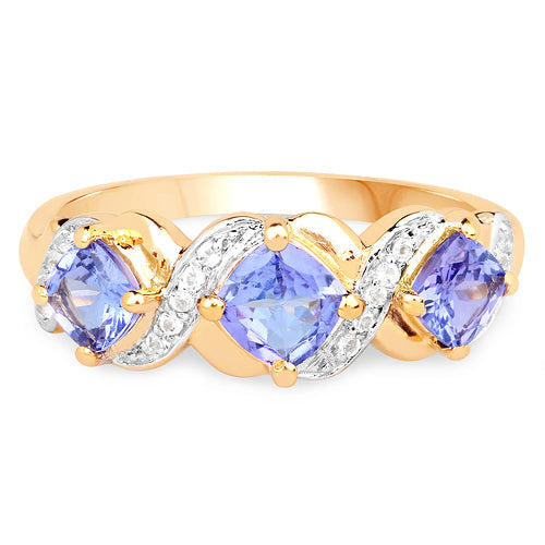 Bague en argent sterling 925 plaqué or jaune 14 carats avec tanzanite véritable de 1,20 carat et topaze blanche