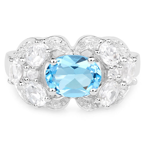 Bague en argent sterling 925 avec topaze bleue véritable et zircon blanc de 3,20 carats