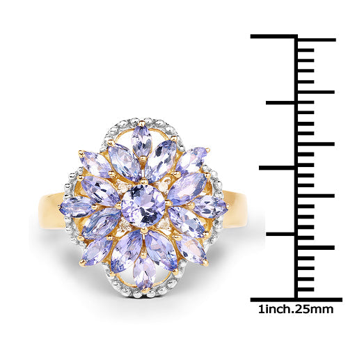 Bague en argent sterling 925 plaqué or jaune 14 carats avec tanzanite véritable de 2,01 carats et topaze blanche