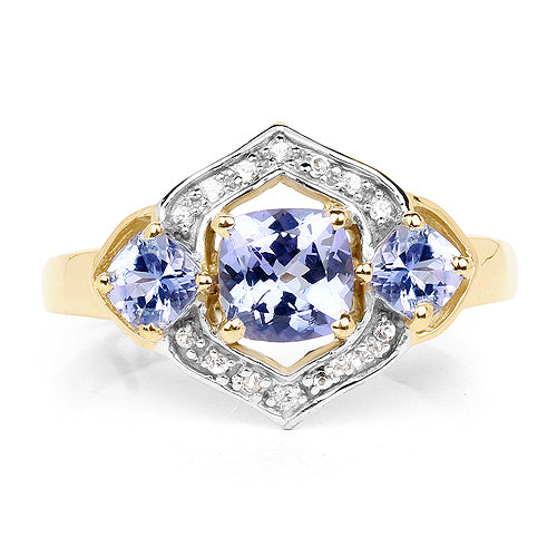 14K Yellow Gold Plated 1.58 Carat Genuine Tanzanite and White Topaz .925 Sterling Silver Ring