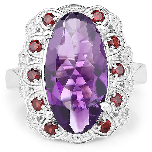 Bague en argent sterling .925 avec améthyste et grenat véritables de 6,40 carats