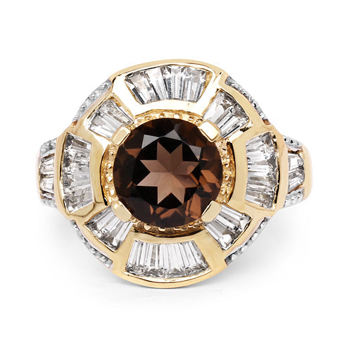 Bague en argent sterling 925 plaqué or jaune 14 carats avec quartz fumé véritable de 4,18 carats et topaze blanche