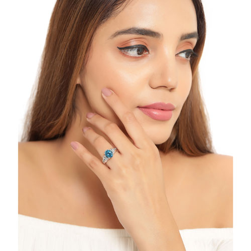 Bague en argent sterling 925 avec topaze bleue de Londres et diamants bleus véritables de 2,72 carats