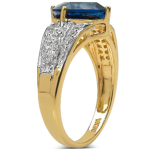 Bague en Argent Sterling 925 Plaqué Or Jaune 18 carats avec Topaze Bleue de Londres et Topaze Blanche véritables de 3,83 carats