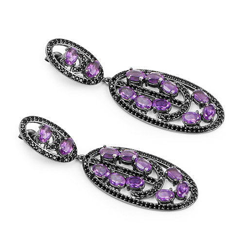 Boucles d'oreilles en argent sterling .925 ornées d'améthyste véritable et de spinelle noir, 12,45 carats