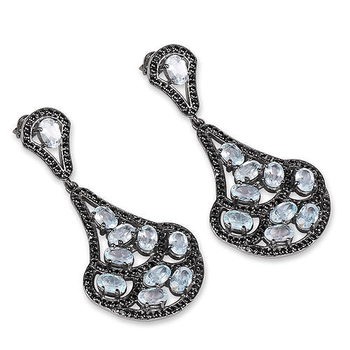 Boucles d'oreilles en argent sterling .925 avec topaze bleue véritable de 12,19 carats et spinelle noire