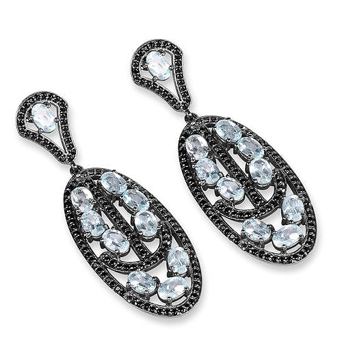 Boucles d'oreilles en argent sterling .925 avec topaze bleue véritable et spinelle noire de 13,80 carats
