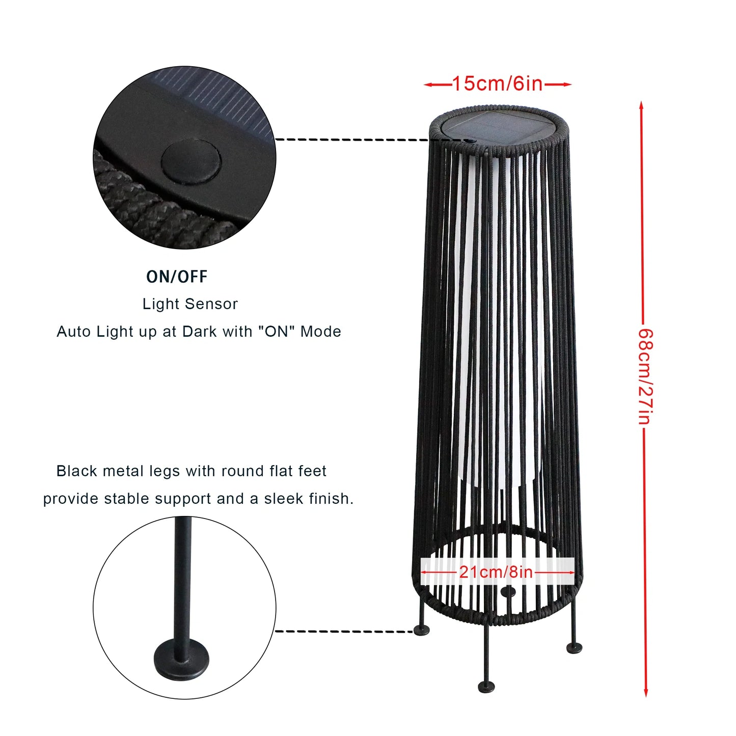 2 Piece Solar Powered Lantern Wicker Solar Patio Lamp Black