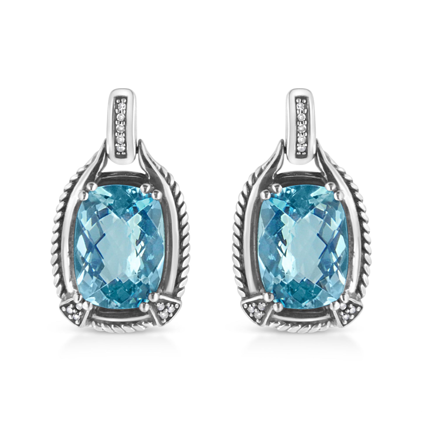 .925 Sterling Silver 14x10MM Cushion Cut Blue Topaz Gemstone and Diamond Accent Dangle Earring (I-J Color, I1-I2 Clarity)