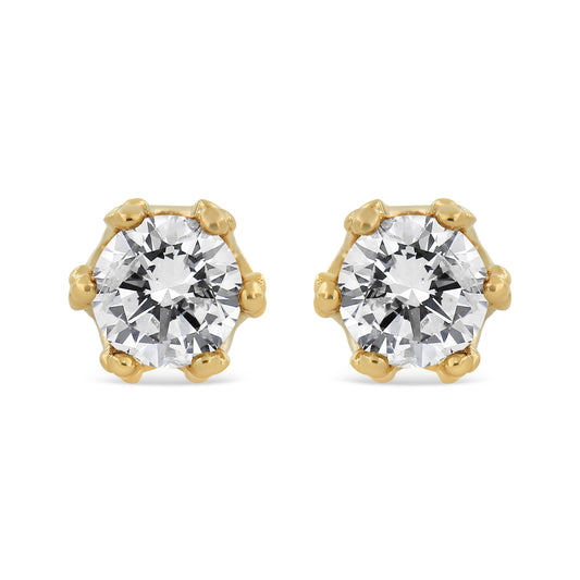 Boucles d'oreilles clous couronne en or jaune 14 carats avec diamants ronds de 2,0 carats (couleur I-J, pureté I1-I2)