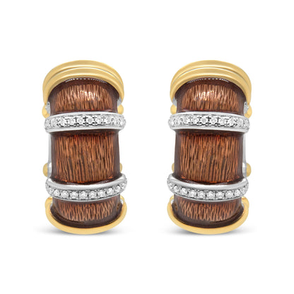 18K Yellow and White Gold Flash Plated .925 Sterling Silver Clear Brown Enamel 9/10 Cttw Round Diamonds Huggie Hoop Earrings (F-G Color, VS1-VS2 Clarity)