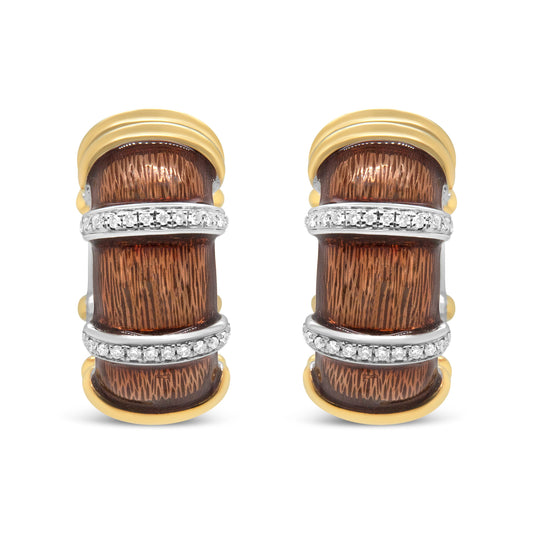 Boucles d'oreilles créoles Huggie en or jaune et blanc 18 carats plaqué éclair sur argent sterling 925, émail marron transparent, diamants ronds de 0,90 à 1 carat (couleur F-G, pureté VS1-VS2)