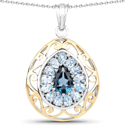 18K Yellow Gold Plated 4.44 Carat Genuine London Blue Topaz and Blue Topaz .925 Sterling Silver Pendant