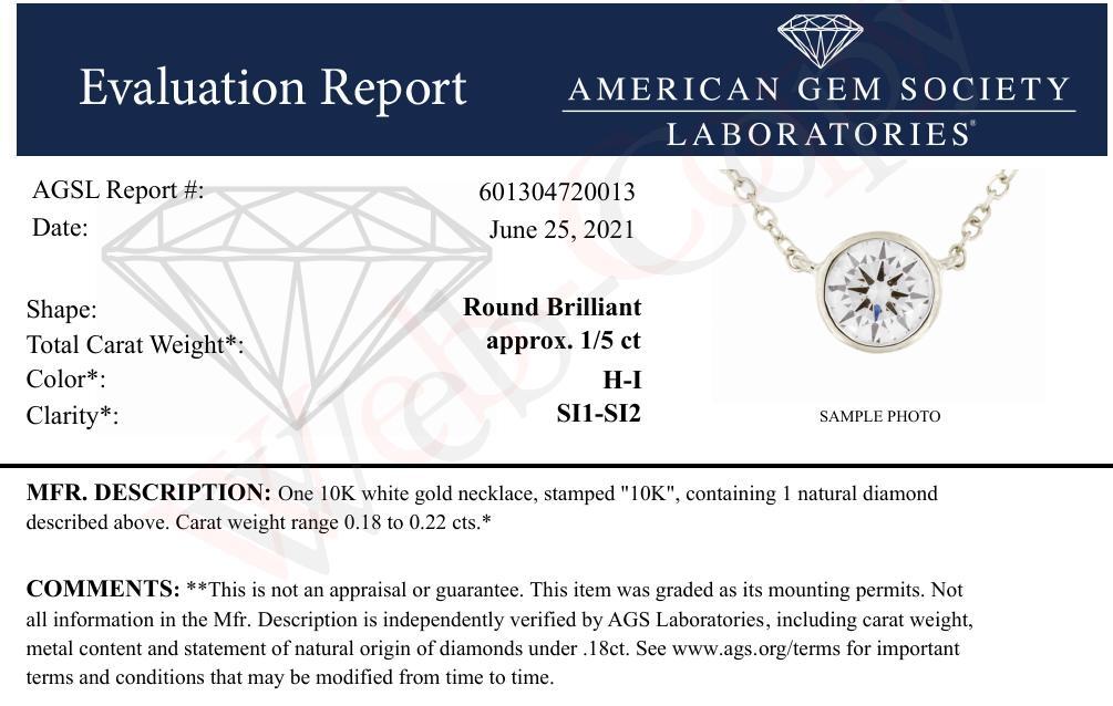 AGS Certified 10K White Gold 1/5 Cttw Bezel Set Round Diamond Solitaire 16-18" Adjustable Pendant Necklace (H-I Color, SI1-SI2 Clarity)