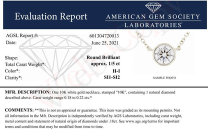 AGS Certified 10K White Gold 1/5 Cttw Bezel Set Round Diamond Solitaire 16-18" Adjustable Pendant Necklace (H-I Color, SI1-SI2 Clarity)