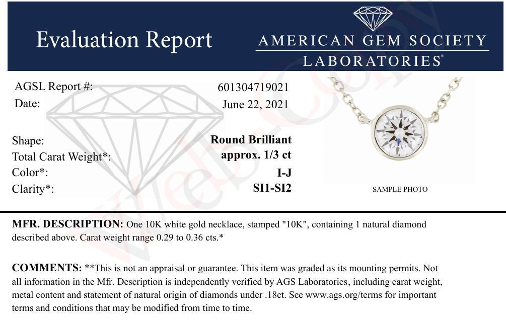 AGS Certified 10K White Gold 1/3 Cttw Bezel Set Round Diamond Solitaire 16-18" Adjustable Pendant Necklace (I-J Color, SI1-SI2 Clarity)