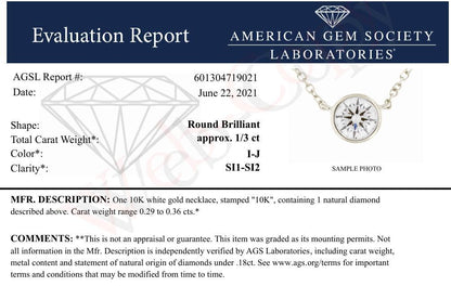 AGS Certified 10K White Gold 1/3 Cttw Bezel Set Round Diamond Solitaire 16-18" Adjustable Pendant Necklace (I-J Color, SI1-SI2 Clarity)