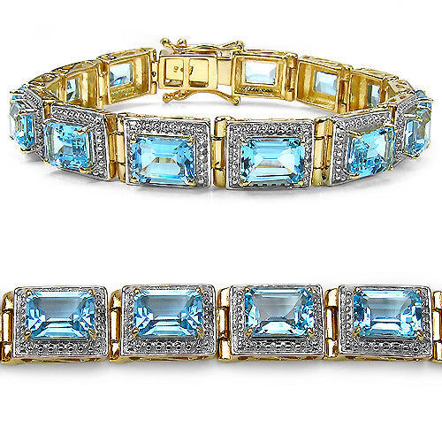 Bracelet en argent sterling .925 plaqué or jaune 14 carats avec topaze bleue véritable de 24,05 carats